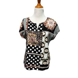 Patchwork Print Blouse Short Sleeve Round Neck Top